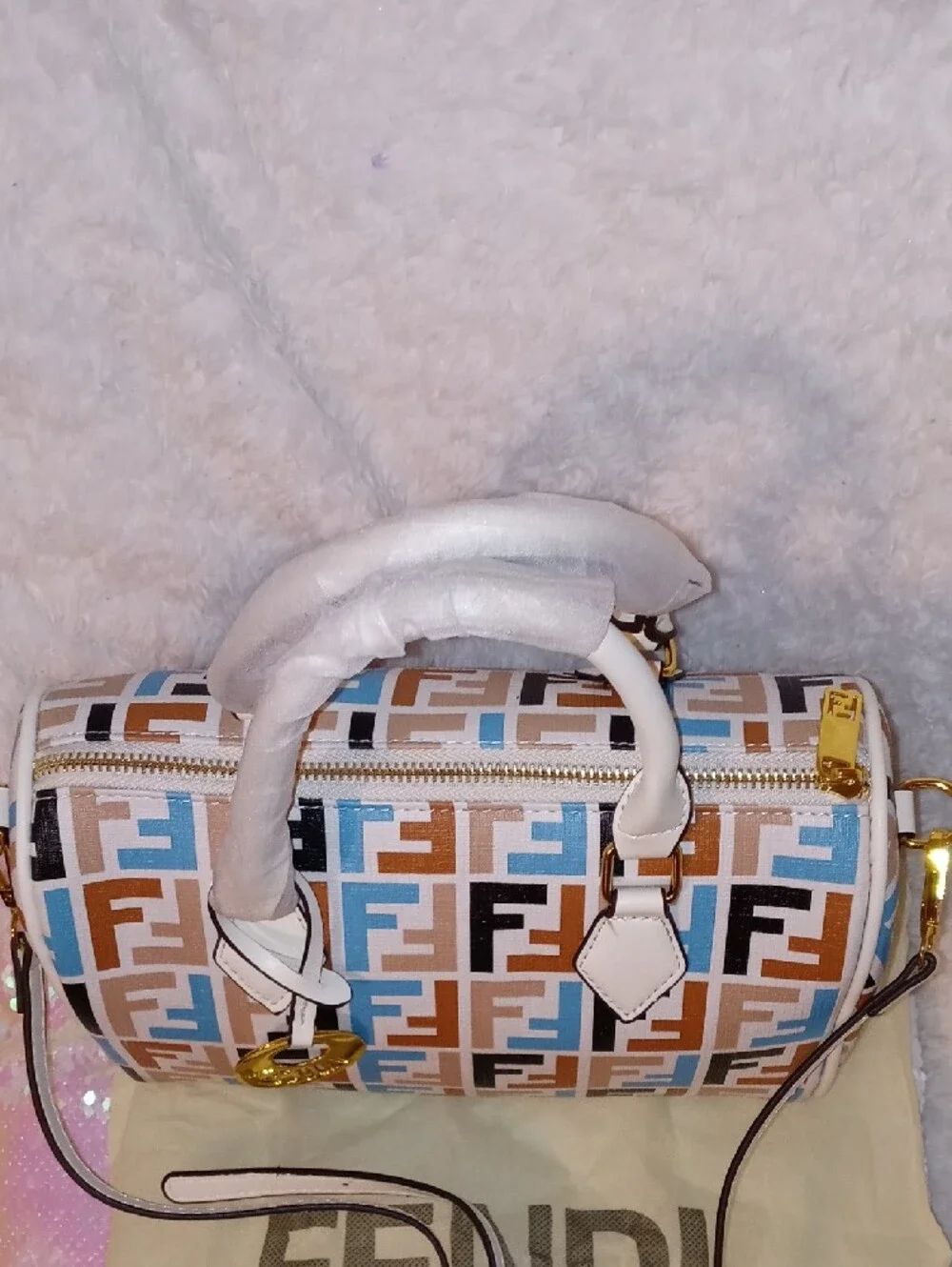 Fendi Multicolor FF Logo Speedy Satchel - White, Blue, Brown, Black